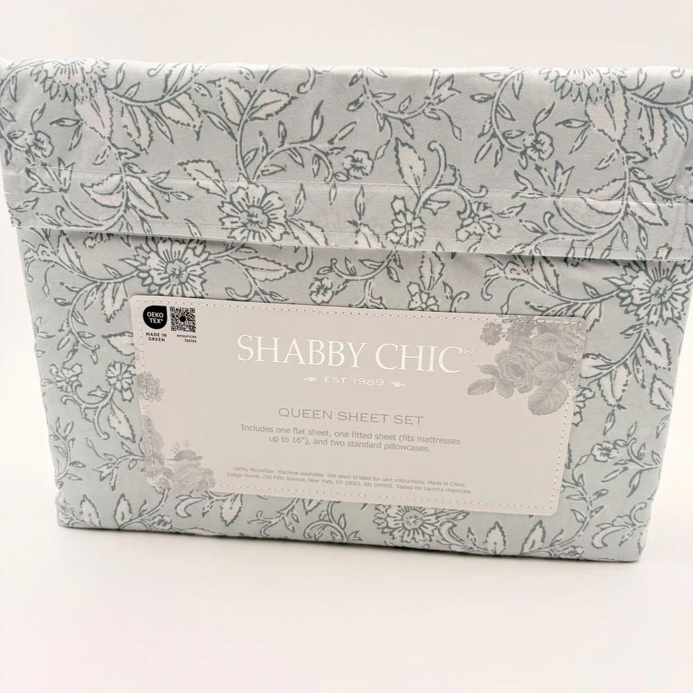 Shabby Chic Queen Sheet Set Light‎ Blue White Floral Toile 4pc Microfiber NEW
